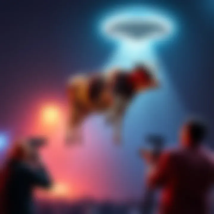 A cow is seen being lifted into a UFO light beam while a shocked cameraman captures the moment on live television.