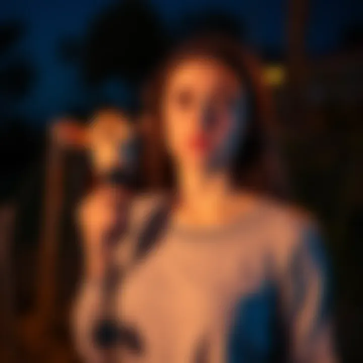 A young woman stands outside at night, looking confused as cow sounds echo in the background. She appears puzzled and slightly anxious, with a recording device in hand.