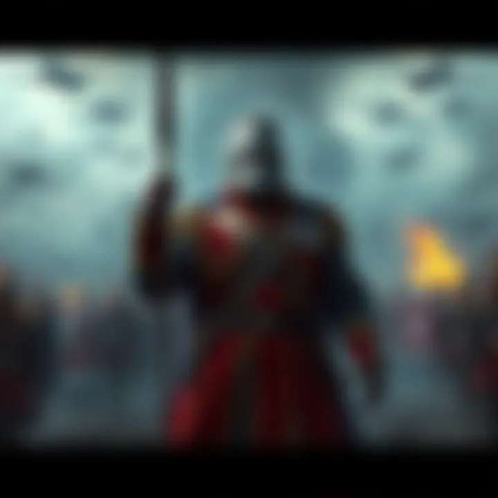 A general stands frozen in fear on a battlefield, surrounded by chaos and uncertainty, reflecting a moment of weakness and inaction.