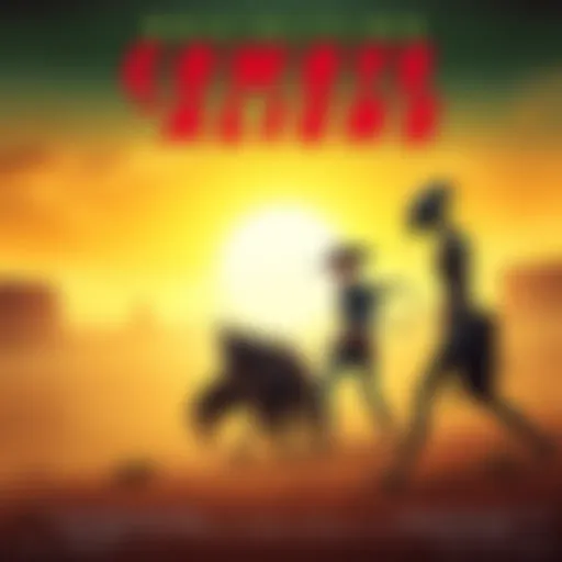 Movie poster featuring cowboys and aliens facing off in a desert landscape