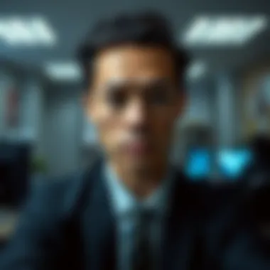 A person with completely black eyes staring at a colleague in an office setting, creating an unsettling atmosphere.