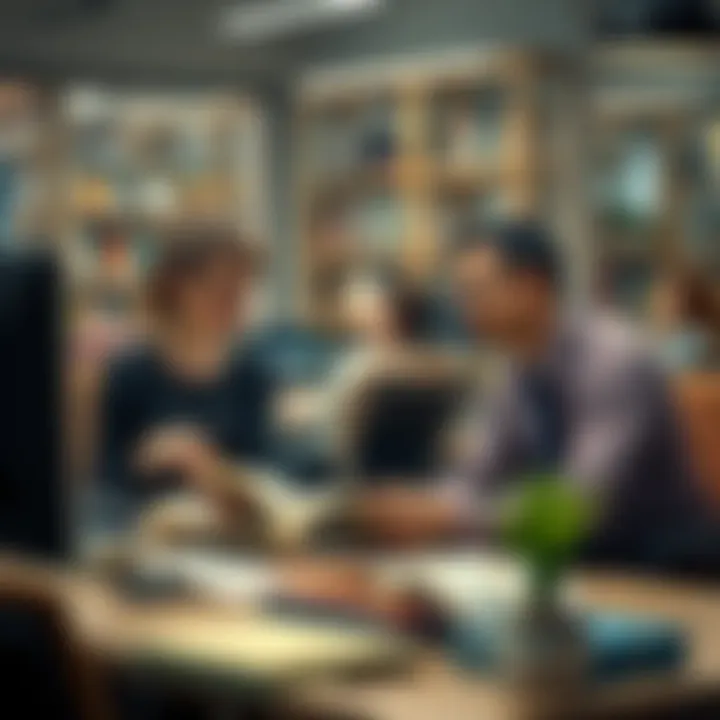 A co-worker enthusiastically suggests books to another employee at a desk, creating a buzz in the office.