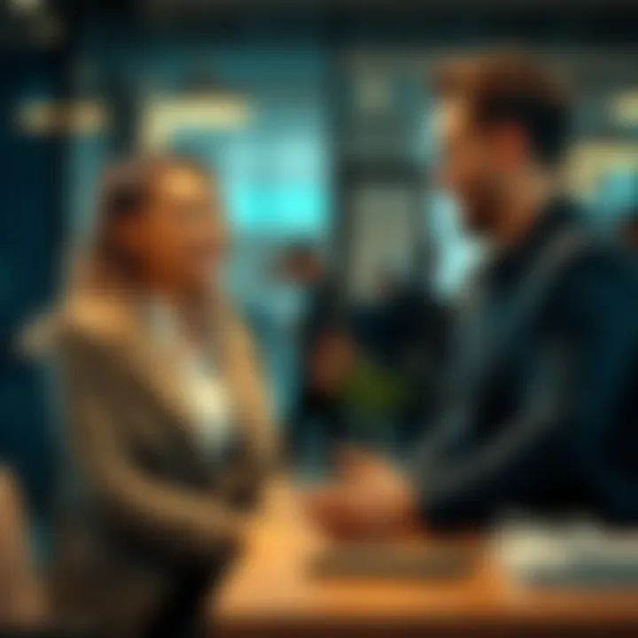 A woman and a man smiling and talking in an office setting, looking relaxed and engaged in conversation.
