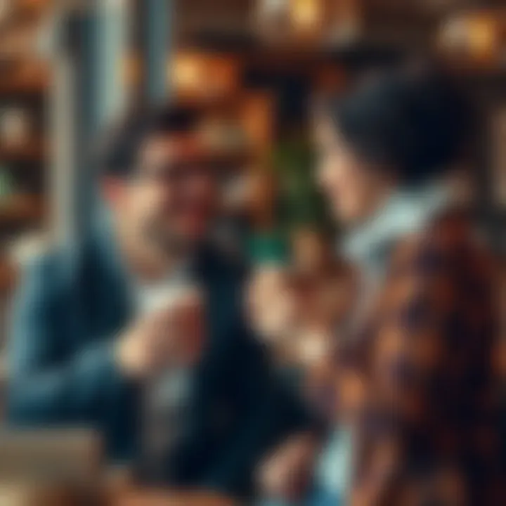 A man and woman at a coffee shop discussing their feelings with smiles and coffee cups in hand