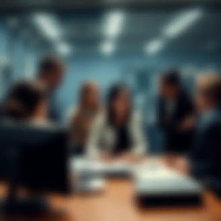 Coworkers Talking in Office A group of coworkers whispering and looking towards a colleague who is sitting at her desk, showing expressions of surprise and concern.