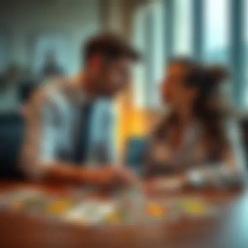 A woman and a man in an office setting, sharing a meaningful glance, with a tarot card spread on the table between them, symbolizing hidden feelings and connections.