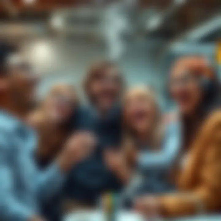 Coworkers Laughing at Disruption A group of coworkers laughing together with a strange smell in the background, showing humor amidst chaos in the workplace