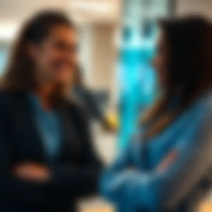Two coworkers talking, one smiling and the other looking distant, showing mixed signals in their conversation.