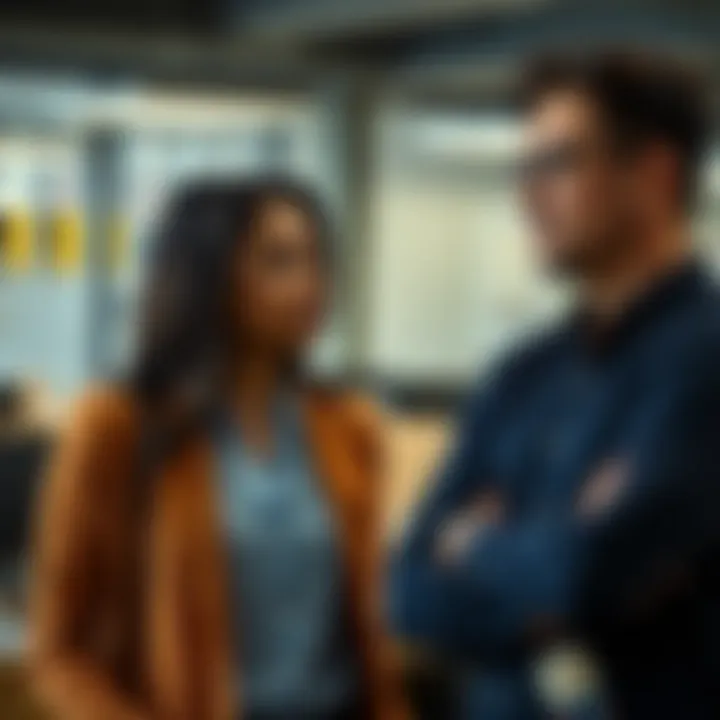 A woman looking thoughtfully at a Taurus man while they interact in a professional setting, indicating potential attraction, with office elements in the background.