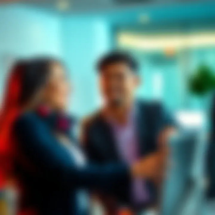 Two coworkers smiling at each other in an office setting, suggesting a friendly connection. One is leaning slightly closer, indicating possible romantic interest.