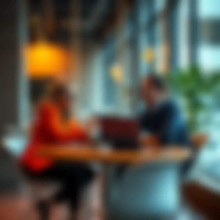 Two coworkers having a conversation at a table, trying to resolve their differences and mend their friendship, with a laptop and coffee cups nearby.