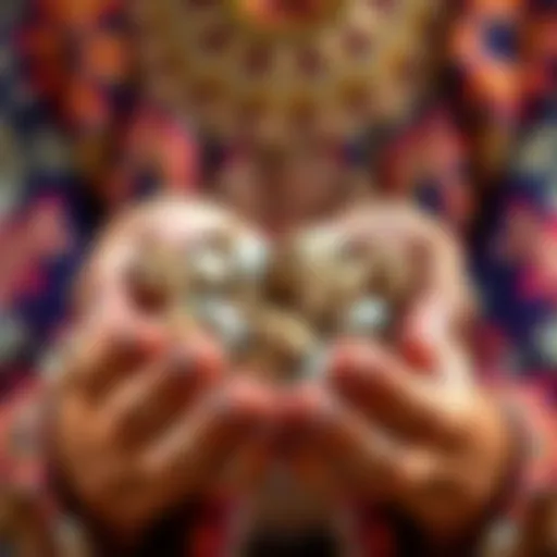 A person holds cowrie shells in their hands, ready to perform a reading for insights on life topics like romance and career.