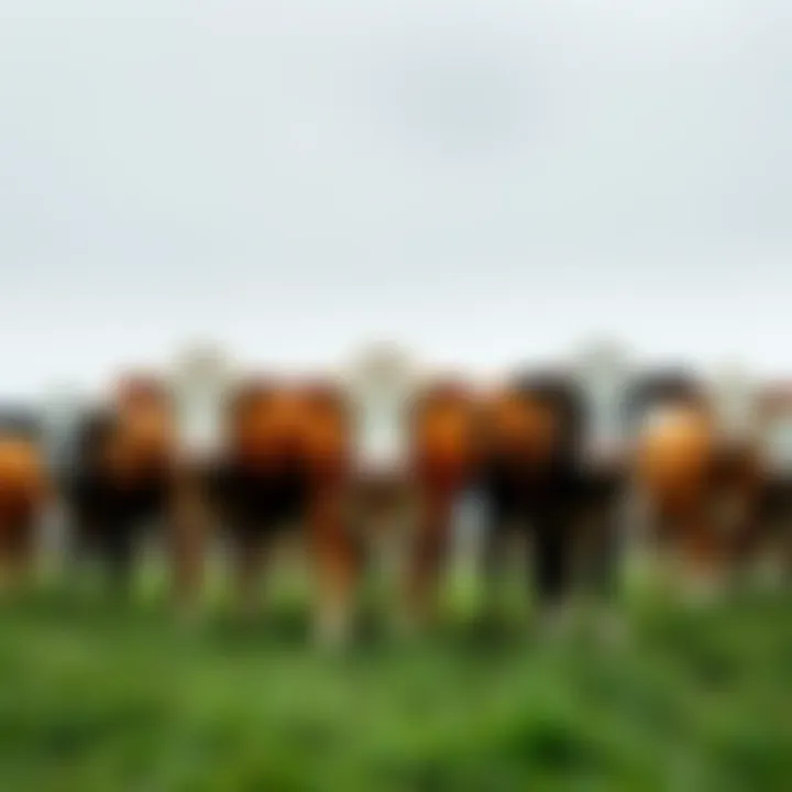 Cows in a pasture A group of cows grazing peacefully in a green field, depicting their life before reaching farms for food production.