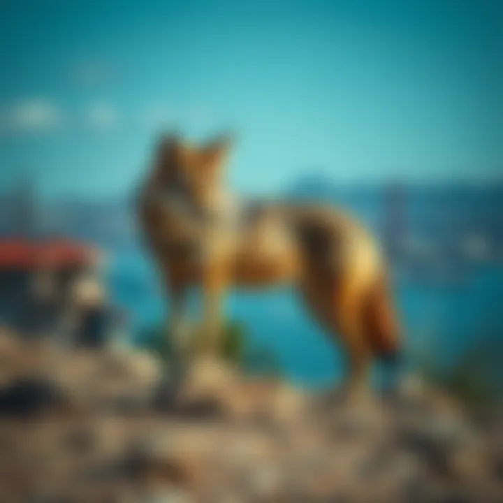 Coyote on Alcatraz Island A coyote standing on rocky terrain of Alcatraz Island, surrounded by sparse vegetation and urban structures in the background.