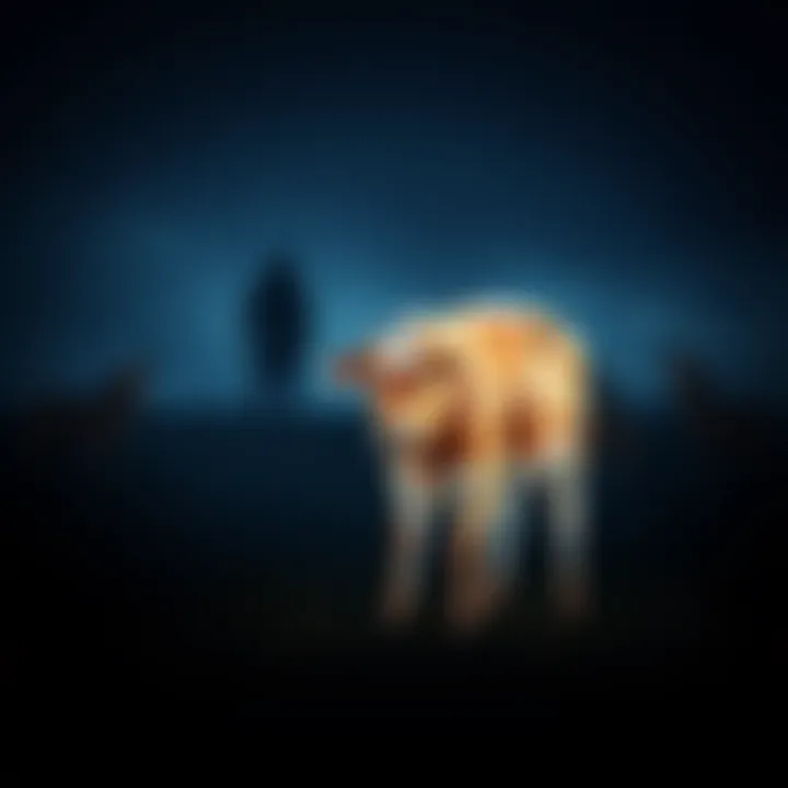 A distressed cow stands in a dark field with howling coyotes in the background, while a shadowy figure approaches,