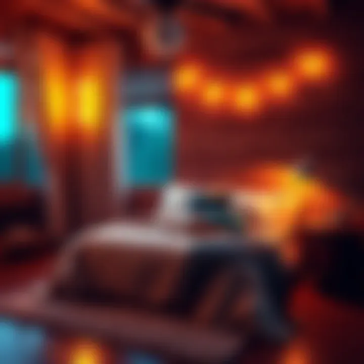 A cozy bedroom setup with soft lighting, a comfortable bed, and decorative pillows, creating a warm atmosphere for couples.