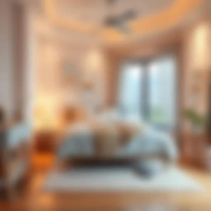 A neatly arranged bedroom featuring a comfortable bed, soft lighting, and calming decor to enhance relaxation.