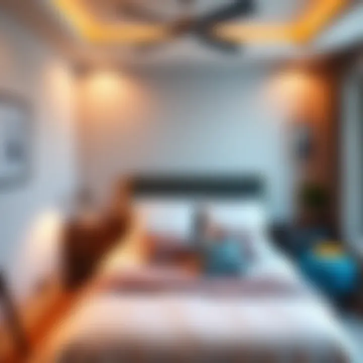 A stylish bedroom layout featuring a bed, nightstands, and a cozy reading nook