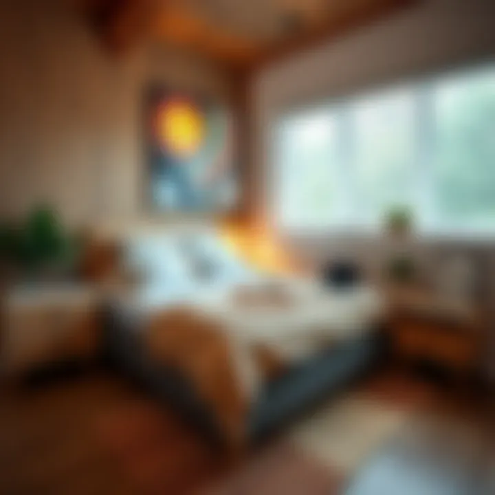 A well-arranged bedroom showing optimal bed placement in a unique layout with furniture around it