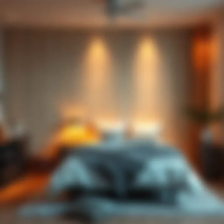 A well-designed bedroom featuring a comfortable bed, stylish decor, and warm lighting creating a relaxing atmosphere.