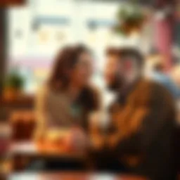 A young couple sharing a laugh at a coffee shop, looking happy and connected, surrounded by warm lighting