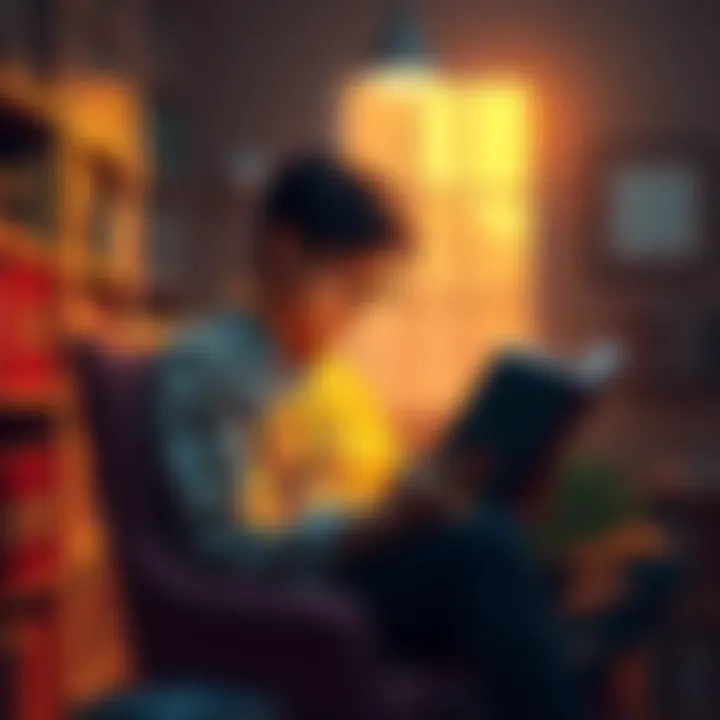 Person reading a book in a cozy setting Individual enjoying a book in a comfortable chair surrounded by bookshelves, with warm light illuminating the space