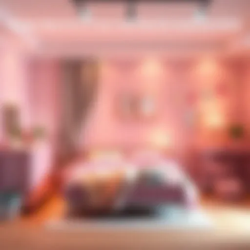 A stylish bedroom with a bed, dresser, and desk arranged for a 5-year-old girl, featuring soft colors and playful decor