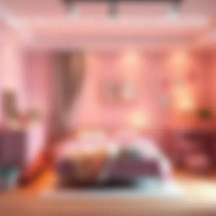 A stylish bedroom with a bed, dresser, and desk arranged for a 5-year-old girl, featuring soft colors and playful decor