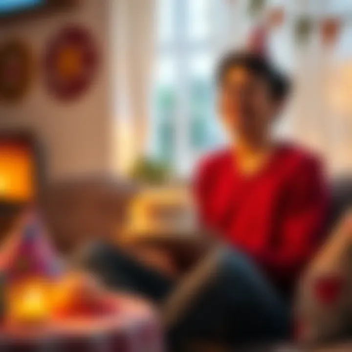 A person celebrating a birthday at home with a small cake and decorations, looking content and relaxed