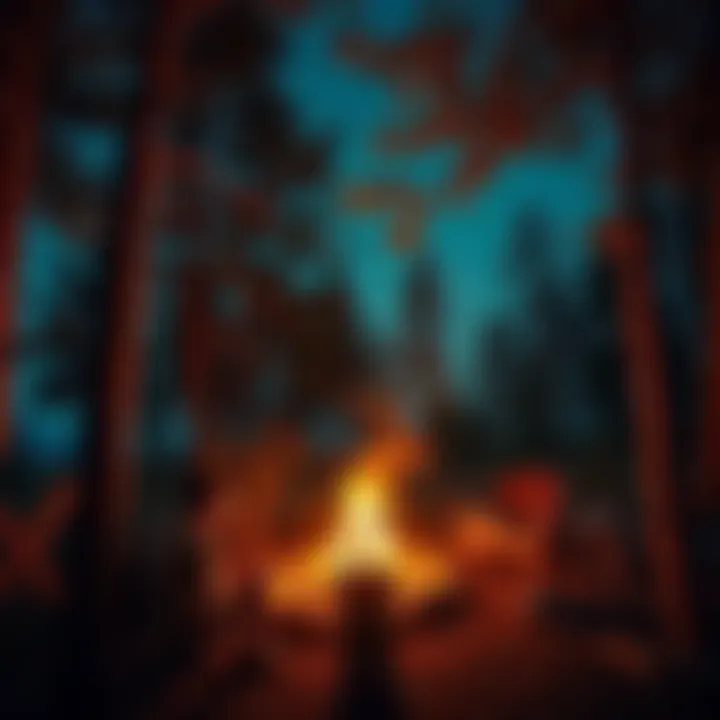 A warm campfire surrounded by trees at night, with a person sitting nearby, contemplating their dream life in nature.
