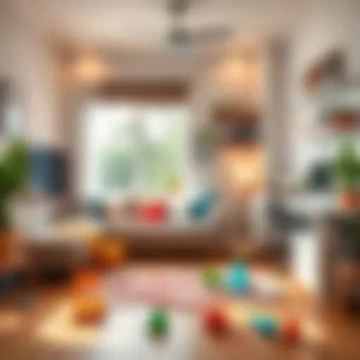 A small living room with a comfortable sofa, toys scattered on the floor, and a workspace in the corner, creating a fun and functional environment for family activities.