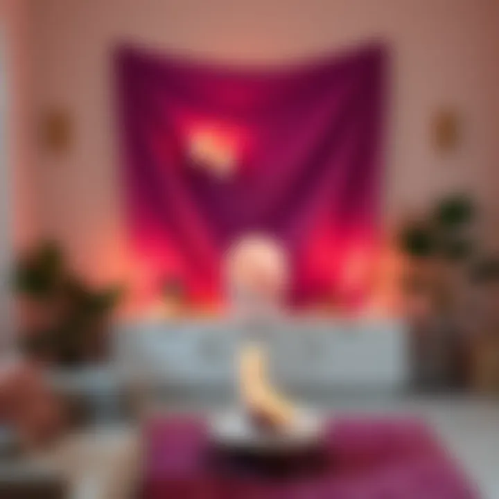 A serene home altar with candles, crystals, and plants, designed for personal spiritual practices while remaining discreet, located in a corner of a living room.