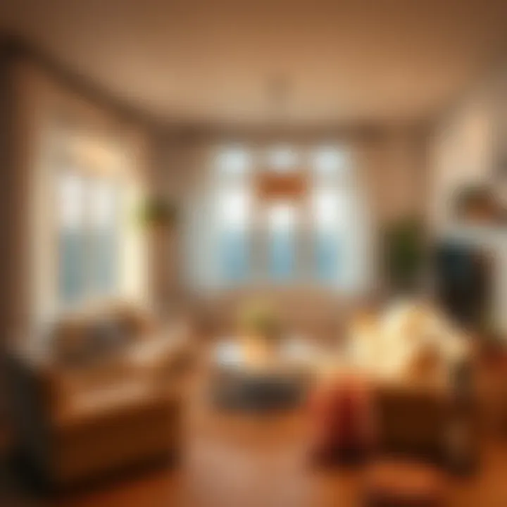 A warm living room with soft lighting, comfortable furniture, and personal decorations creating a welcoming atmosphere.