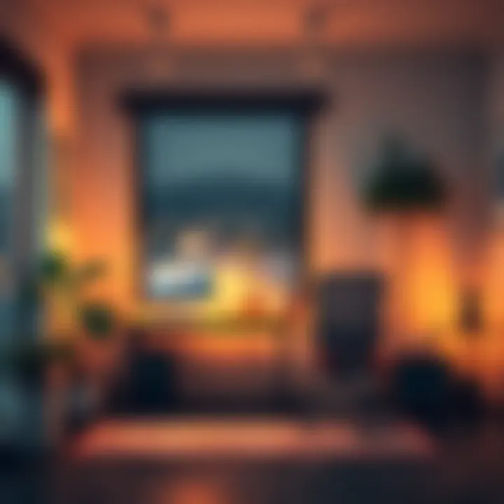 A comfortable home office with a desk, a plant, and soft lighting to enhance productivity
