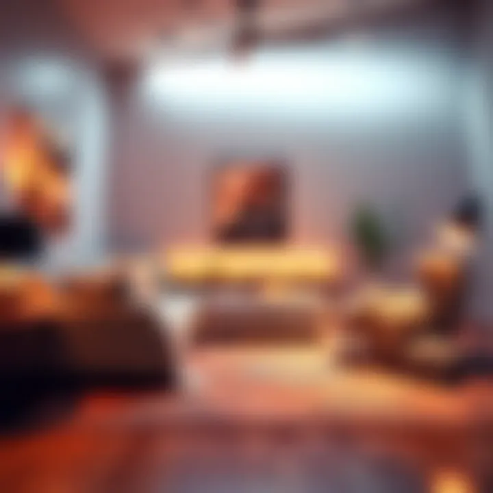 A cozy living room with a comfy couch, soft blankets, and warm lighting, creating a relaxing atmosphere.