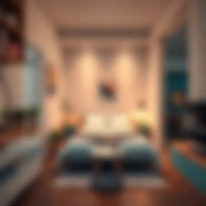 A well-arranged studio apartment showing a bed positioned against the wall, with a small table and decor items, maximizing space and comfort.