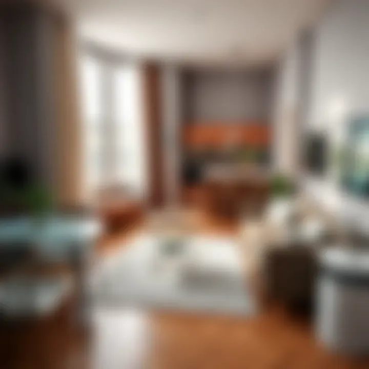 A well-arranged small studio apartment featuring a dining table, couch, and kitchen island in a stylish layout