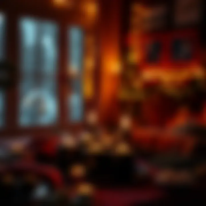 A warm, cozy room lit by black candles, creating a comforting atmosphere for winter evenings