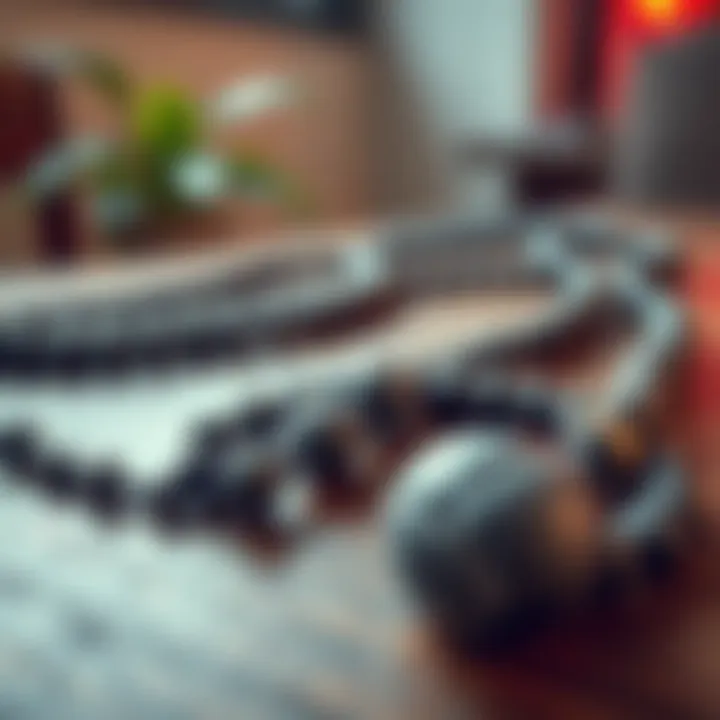 A close-up view of cracked mala beads placed on a wooden table, showing visible signs of damage.
