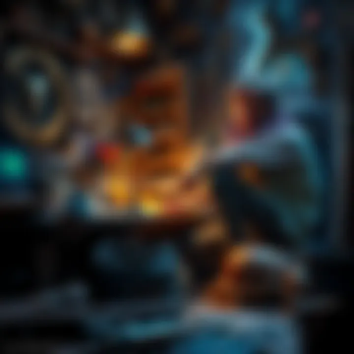 An artist sitting at a cluttered workbench, looking disheartened surrounded by unfinished projects and magical artifacts.