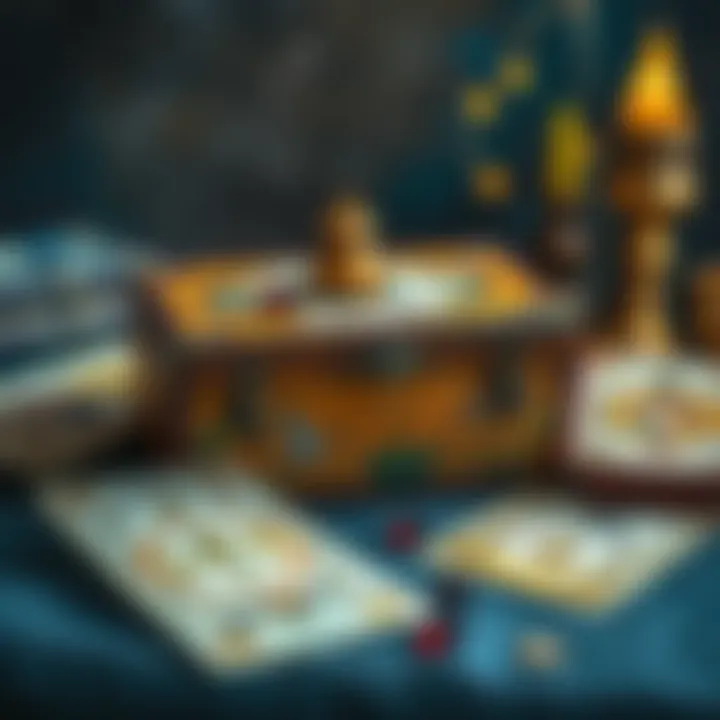 A hand-painted wooden tarot box adorned with decorative elements and tarot cards beside it.