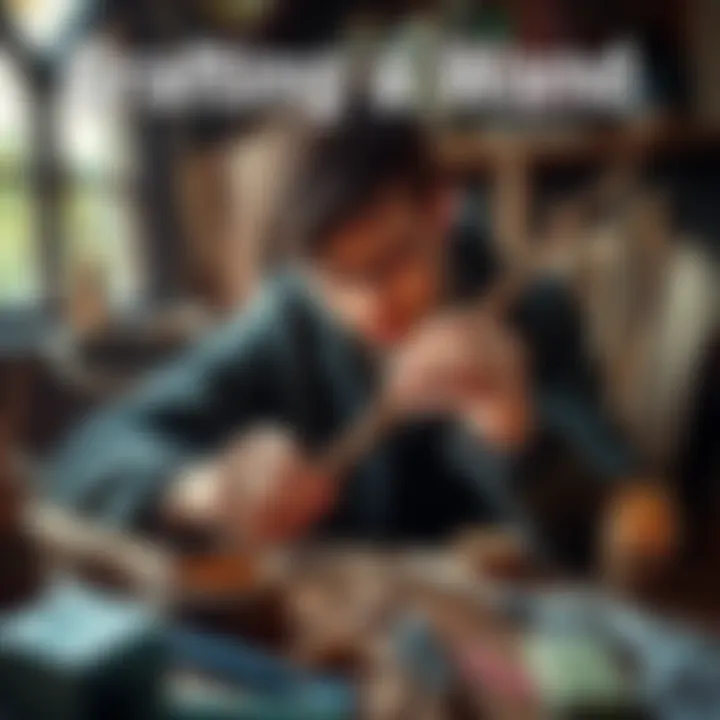 Crafting a Wand A person carefully shaping a wooden wand with tools, surrounded by crafting materials, showcasing the creative process.