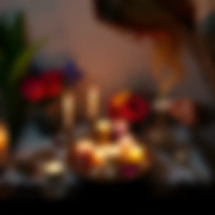A person arranging candles, crystals, and flowers on a small altar table, creating a personal space.