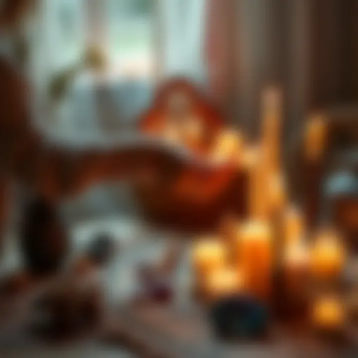 Crafting a Personal Altar A person arranging candles and crystals on a handmade altar with a peaceful ambiance