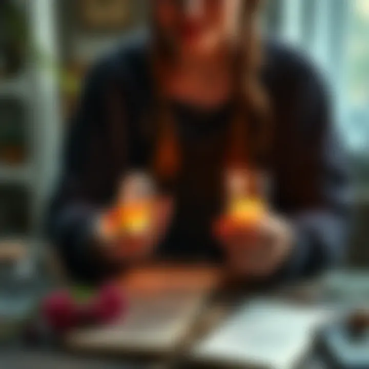 Crafting a Spell for Positivity A person holding a crystal and candle while focusing on self-acceptance, with a journal and herbs nearby