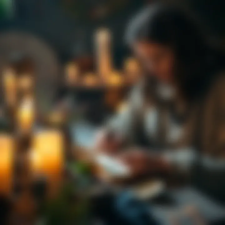 A beginner surrounded by candles, herbs, and a notebook, working on creating personalized spells and rituals, reflecting a blend of traditional and modern methods.