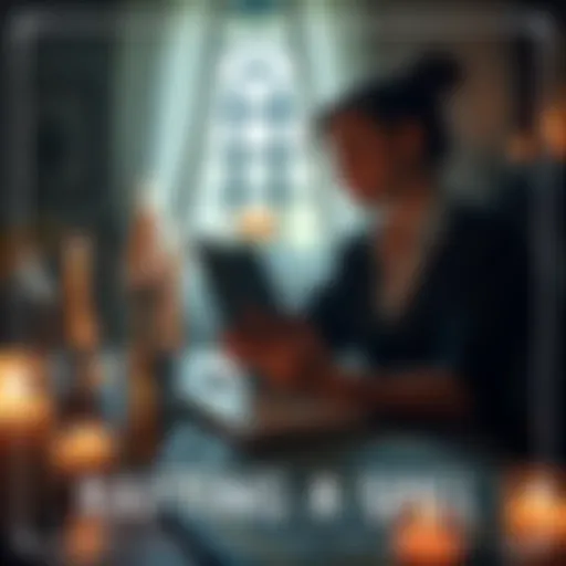 A person sitting at a table with candles, herbs, and a notebook, focusing on creating a spell for self-identity.