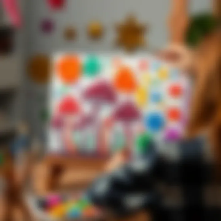 A person painting colorful Marsday Mushrooms on a canvas, surrounded by art supplies and cheerful decorations.