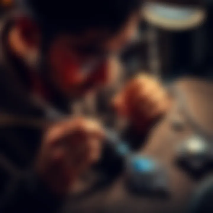 A jeweler working on a unique necklace featuring labradorite stones, showcasing the intricate process of jewelry making.