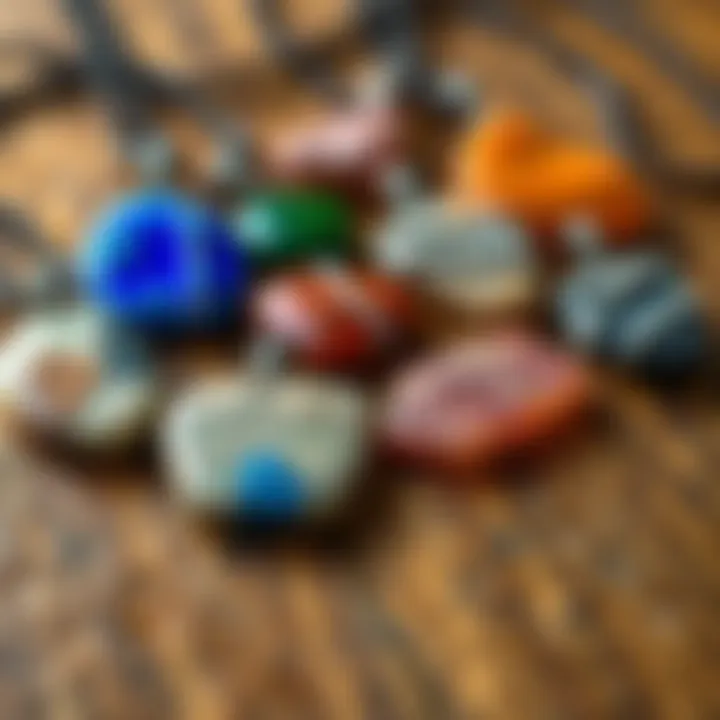 A close-up of colorful pendants made from broken stones, showcasing unique shapes and designs, arranged on a wooden surface.